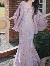 Load image into Gallery viewer, 2PS Purple Ruffles Floral Printed Spaghetti Strap Vintage Dress With Cardigan Suit