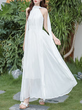 Load image into Gallery viewer, Audrey Hepburn style White Halter Neck Muse Maxi Dress with Long Flowing Scarf