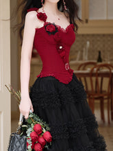 Load image into Gallery viewer, Gothic Red Corset Tiered Tulle Maxi Dress  Rose Asymmetric Ruffle Dark Romantic Party Gown