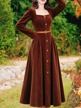 Load image into Gallery viewer, Vintage Brown Velvet Square Neck Puff Sleeve Button-Down Midi Dress