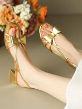 Load image into Gallery viewer, Women&#39;s Round Open Toe Bow Chunky Heel Sandals Leather Vintage Shoes