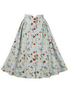 1950S Green Floral High Wasit Pleated Swing Vintage Skirt