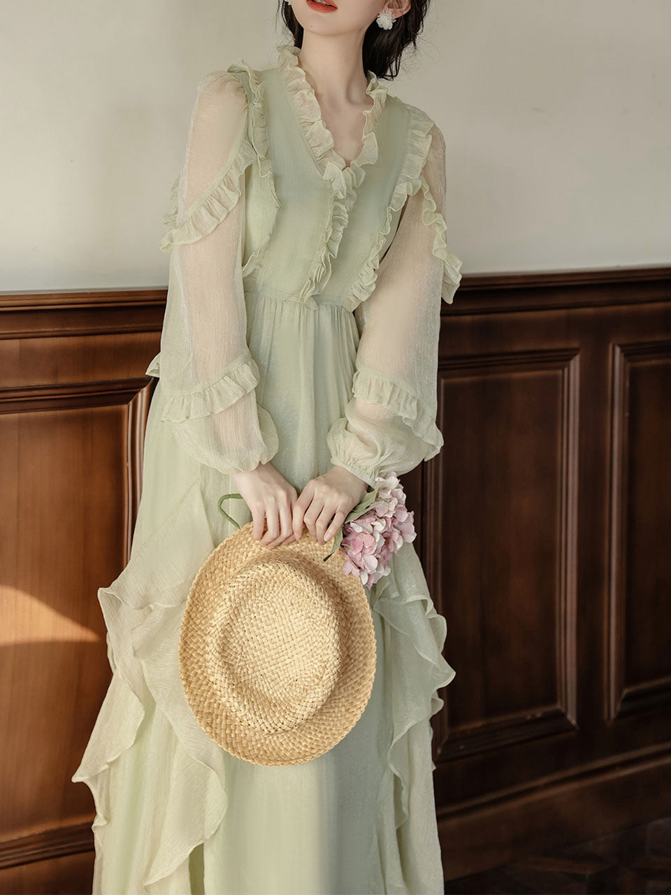 Mint Green Ruffled V-neck Flowing Long-sleeved Romantic Retro Tea Dress, Mint Green / M Mint Green Ruffled V-neck Flowing Long-sleeved Romantic Retro Tea Dress, Mint Green / M