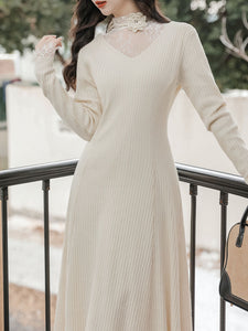 White Lace Top and V Neck  Knit Sweater Dress 1950S Vintage Dress Suits