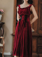 Load image into Gallery viewer, 2PS Wine Red Ruffles Velvet Shirt and Strap Dress Suit