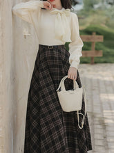 Load image into Gallery viewer, 2PS White Bow Knitted Sweater Top With Plaid Skirt Vintage 1950s Suits