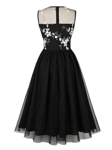 Black 1950S Lace Semi-Sheer Flower Vintage Dress