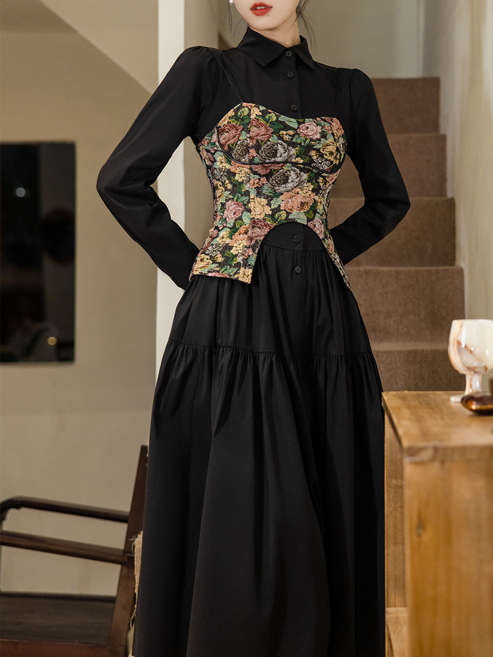 2PS Black Long Sleeve Ruffles Cottagecore Dress With Rose Vest Suits Jolly Vintage 2PS Black Long Sleeve Ruffles Cottagecore Dress With Rose Vest Suits Jolly Vintage