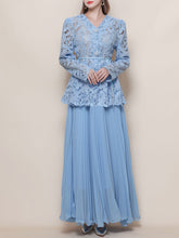 Load image into Gallery viewer, Baby Blue V Neck Long-Sleeve Lace Blouse with Flowy Chiffon Skirt Set
