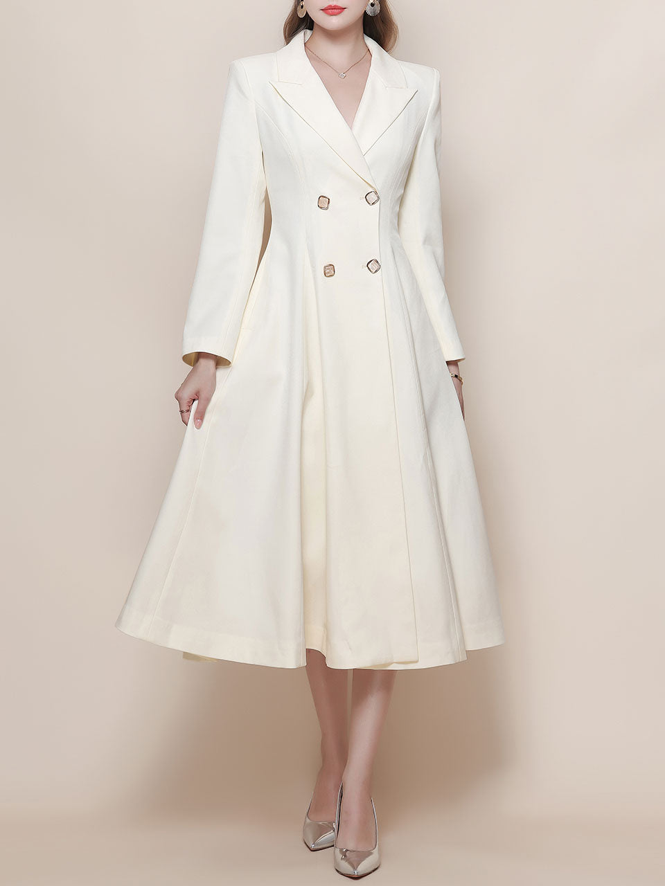 White Vintage Style Double Breasted Trench Dress Coat, White / XL