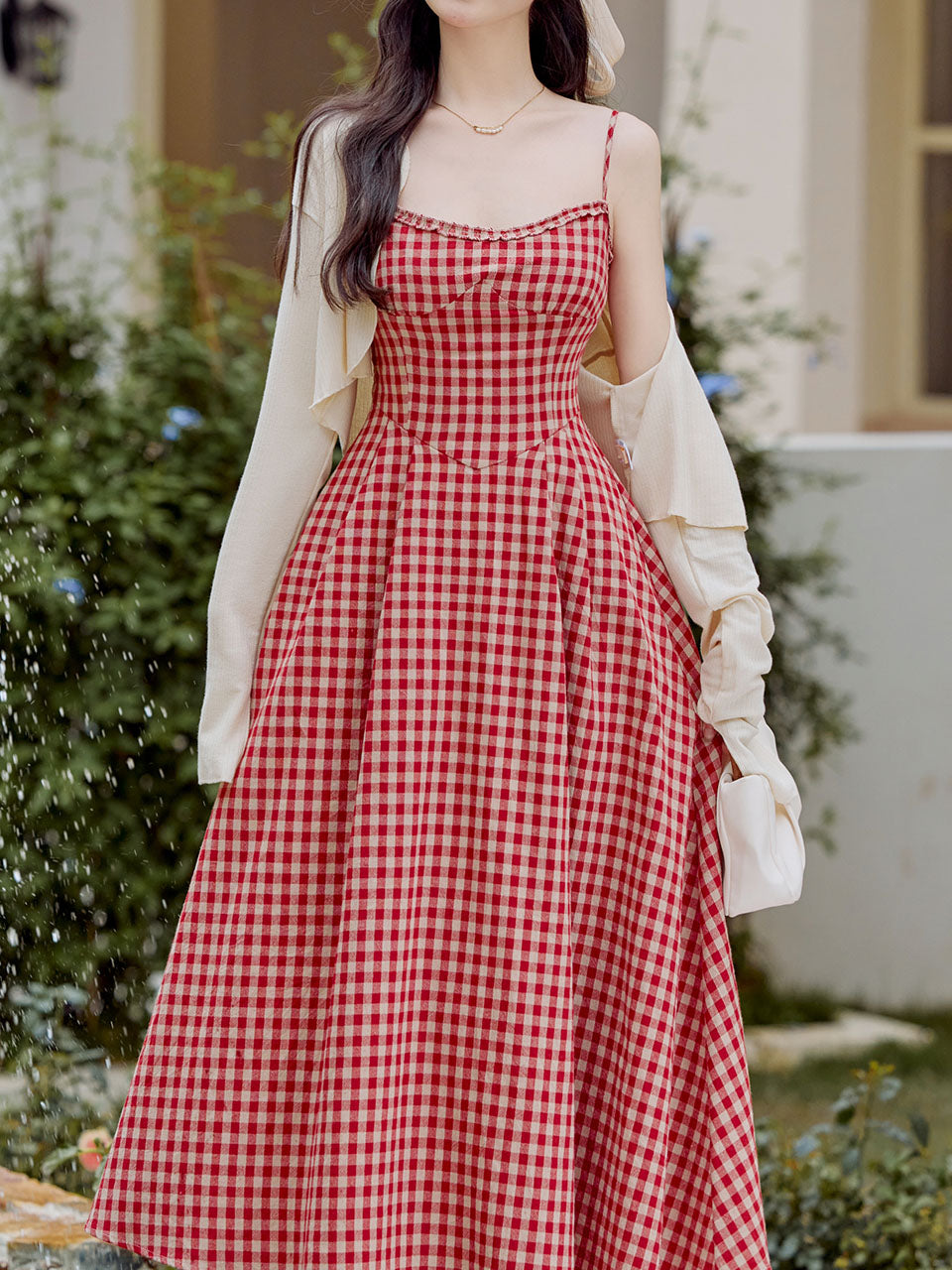 2PS Red Plaid Spaghetti Strap Dress With White Shawl Dress Suit, Red / S 2PS Red Plaid Spaghetti Strap Dress With White Shawl Dress Suit, Red / S