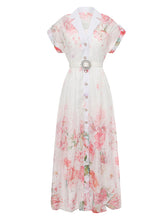 Load image into Gallery viewer, Women's Short Dolman Sleeve Purple Floral Print Midi Dress with Lapel Collar