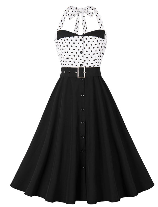 White Polka Dots Halter 1950S Swing Dress