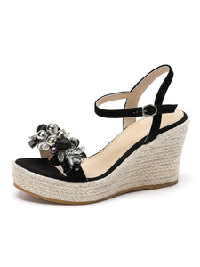 Women's Open Toe Bow Wedge Heel Rhinestones Sandals Leather Vintage Shoes