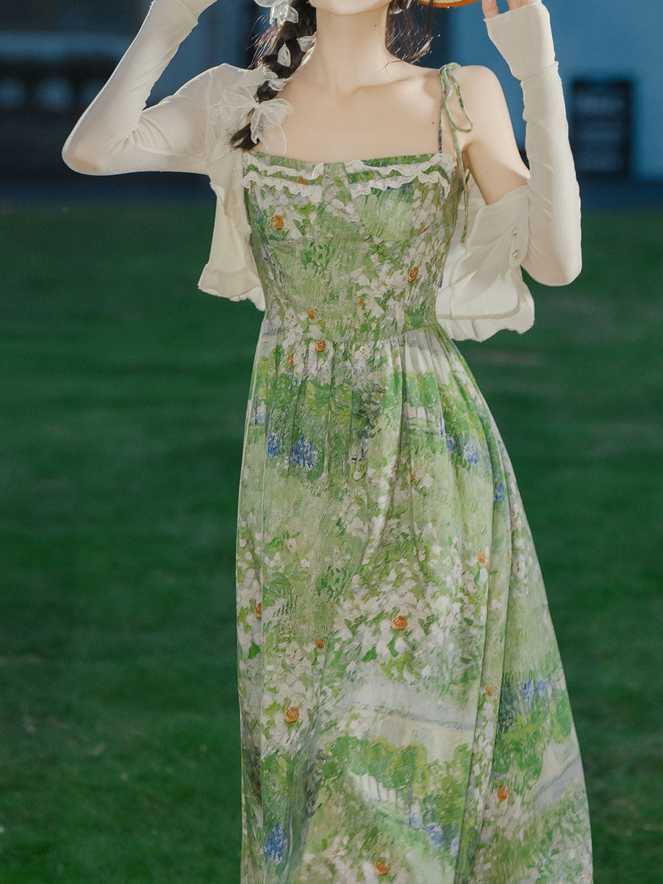 green suspender dress Green Embroidery Han Element Suspender Dress Set