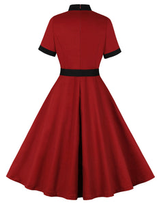 Wine Red Bow Collar 1950s Vintage Swing Dress With Belt