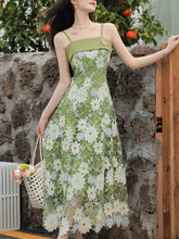 Load image into Gallery viewer, 1940S Green Lace Embroidered Spaghetti Strap Vintage Dress