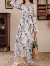 Load image into Gallery viewer, Blue Butterfly Print Long Sleeve Vintage Maxi Dress
