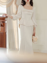 Load image into Gallery viewer, White Long Sleeve Wasp Waist Fake Two-piece Silk 1950S Vintage Wedding Dress