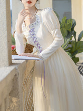 Load image into Gallery viewer, White Square Neck Lavender Embroidered Princess Sleeve Corset Vintage Dress