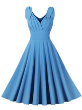Load image into Gallery viewer, Blue Bow Sleeve V Neck 1950S Vintage Swing Dress