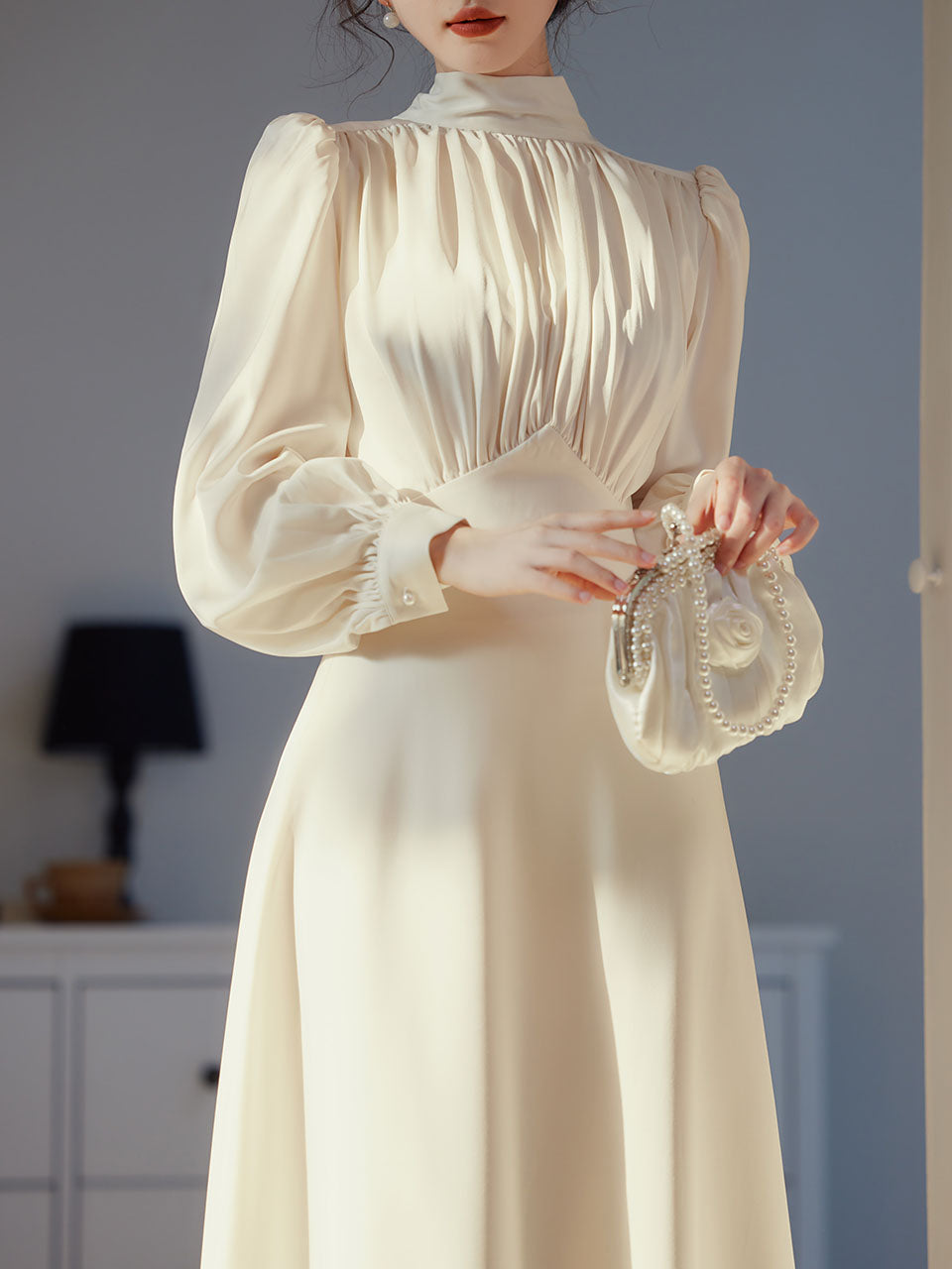 White Satin Pleat Edwardian Revival Vintage Wedding Dress Jolly Vintage White Satin Pleat Edwardian Revival Vintage Wedding Dress Jolly Vintage