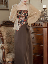 Load image into Gallery viewer, 3PS Brown Floral Tube Top and Slit Skirt 1950s Cardigan Suit