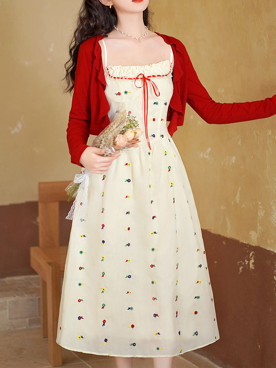 White Cute Cotton Embroidered Dress with Red Cardigan Vintage Suit Jolly Vintage White Cute Cotton Embroidered Dress with Red Cardigan Vintage Suit Jolly Vintage