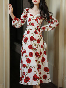 White Sweet Heart Collar Rose Print Long Sleeve Vintage Dress