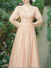 Load image into Gallery viewer, Champagne V Neck Long Sleeve Corset Vintage 1950S Dress