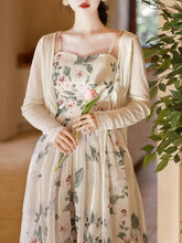 Load image into Gallery viewer, 2PS White Knitted Cardigan With Rose Print Spaghetti Strap 50S Vintage Dress Set