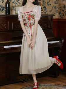 Apricot Square Collar Floral Print Corset Short Sleeve Vintage 1950S Dress