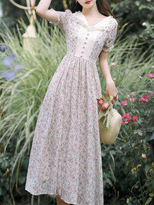 Pink Lace Floral Print Puff Sleeve Fairy Corecottage Dress