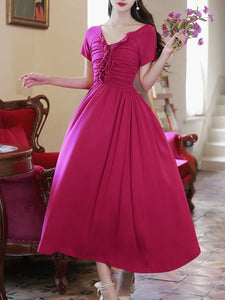 Rose Red V Neck Short Sleeve Vintage 1950S Dress