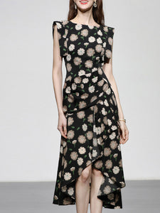 Black Floral Print Short Front Long Back Design Butterfly Sleeve 1940S Vintage Dress