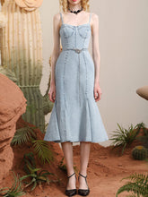 Load image into Gallery viewer, Light Blue Denim Spaghetti Strap Pearl Dress Fishtail Vintage Dress