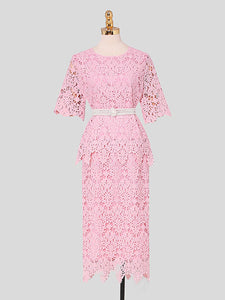 2PS Sweet Pink Crew Neck Lace Mermaid Skirt Suit With Pearl Belt
