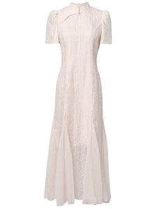 Apricot Stand Collar Mermaid Cheongsam Dress With Pearl Belt