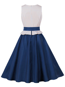 Blue Plaid V Neck 1950s Swing Dress
