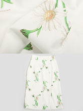 Load image into Gallery viewer, 2PS White Retro Stand Collar Satin Printed Top With Ribbon And Wrapped Skirt Suit