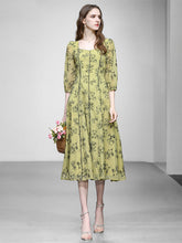 Load image into Gallery viewer, Mustard Yellow Square Neck Floral Print 1950S Vintage Swing Dress