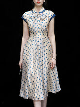 Load image into Gallery viewer, Blue Polka Dots Bow Collar 1950S Vintage Dress With Cap Sleeve