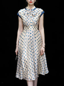 Blue Polka Dots Bow Collar 1950S Vintage Dress With Cap Sleeve