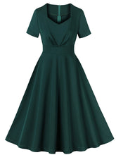 Load image into Gallery viewer, Dark Green Sweet Heart Neck Short Sleeve Vintage Swing Dress With Belt