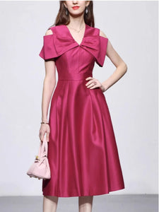 Rose Luxury Bow V Neck High Waist Swing Party Dress