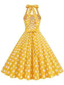 Yellow Polka Dots Vintage Halter Strap Backless 1950S Vintage Dress With Pockets