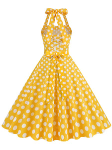yellow dress with red polka dots Billy Dot Cowl Mesh Mini - US 14 pleated straps FLOWY POLKA DOT DRESS -