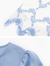 Load image into Gallery viewer, 2PS Blue Bow Collar Satin Shirt And Lace Mermaid Skirt Suit