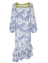 Load image into Gallery viewer, Blue Floral Print Square Neck 1950S Vintage Dress
