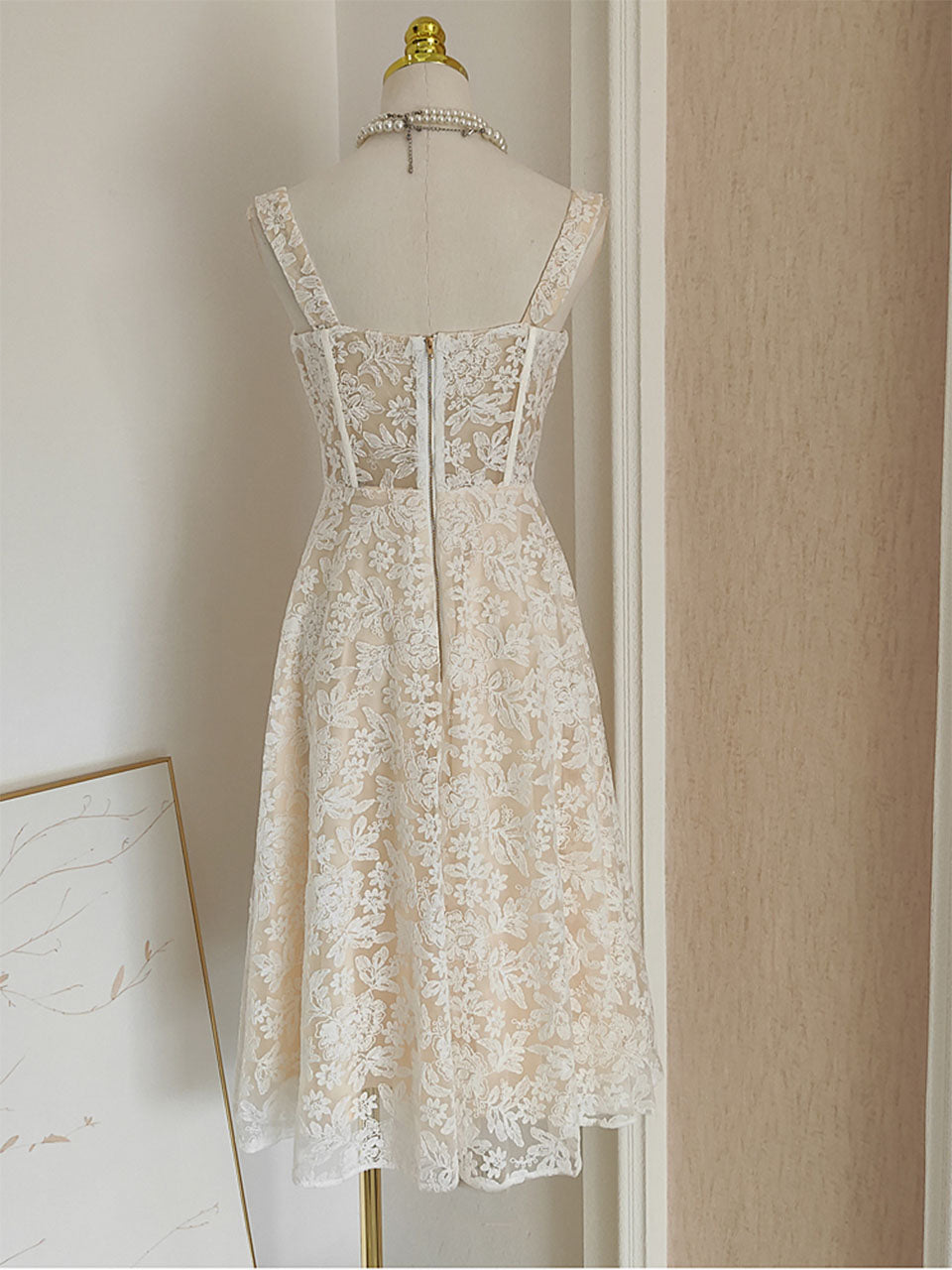 White Flower Lace Corset Mini Swing Party Dress, White / S